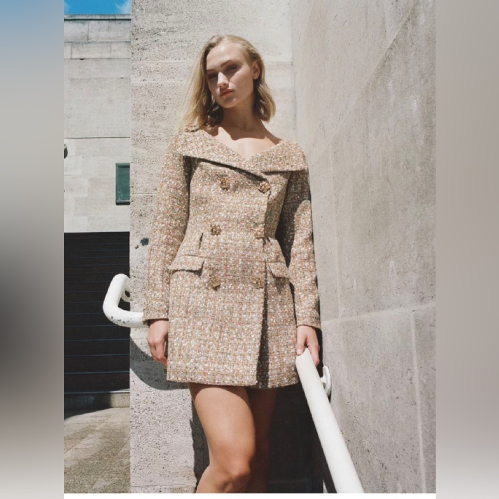 Self-Portrait Dresses | New! Self-Portrait Gold Tinsel Boucle Off Shoulder Mini Dress | Color: Gold | Size: 6 | Frankiemaritz's Closet